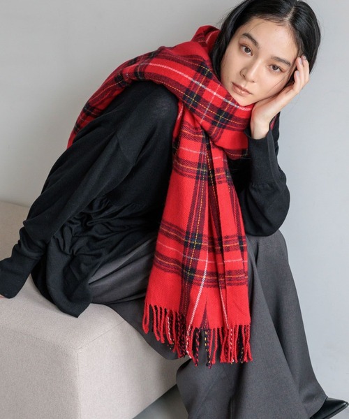 美品✨45R 圧縮ウール　縮絨ストール　ショール　マフラー　チェック　赤 LOWRYS FARM（ローリーズファーム） ストール マフラー チェックムジ