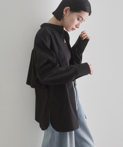 26SS ジップフリルシャツ ポリエステル 黒 hunch（ハンチ） ブラウス シャツ ポリエステルブロード 前後2WAY