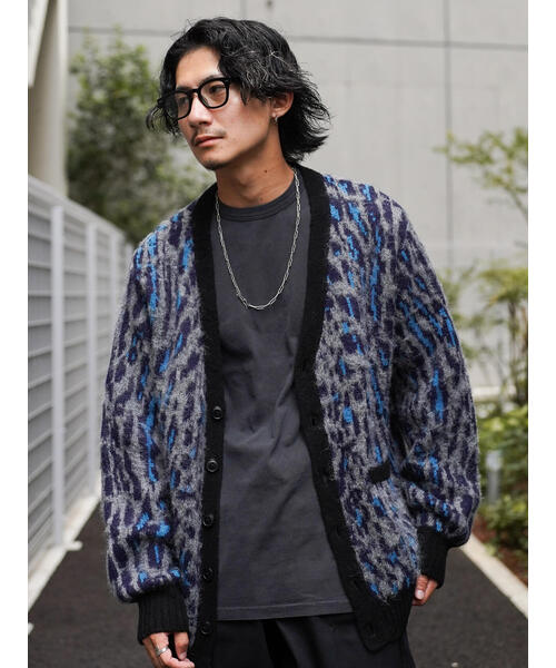 Schott N.Y.C. レオパード柄 モヘアカーディガン Mサイズ Schott N.Y.C（ショット） 「Schott」 ニットカーディガン M ネイビー