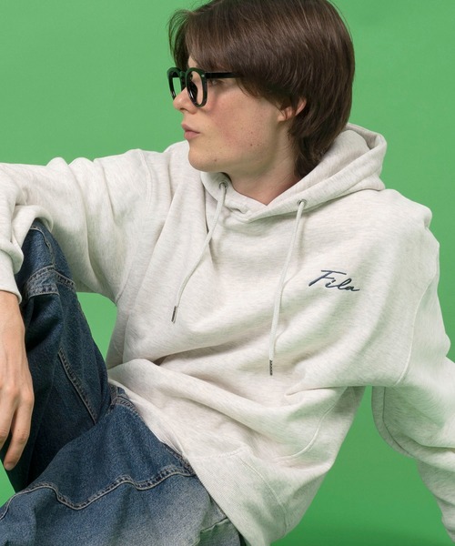 リリアン＊FILAフィラ＊星柄パッチが可愛い杢グレーのスウェットパーカーL FILA パーカー 「FILA/フィラ」ロゴプリントストレッチプル