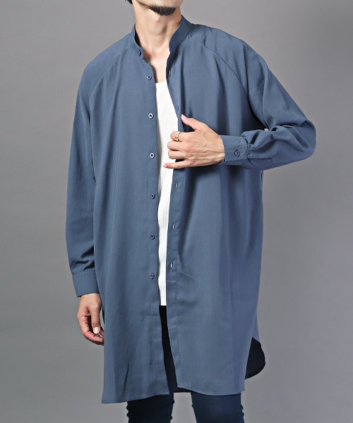 sillage長袖ノーカラーベースボールロングシャツ LUXSTYLE（ラグスタイル） シャツ ノーカラーロング丈ジョーゼット長袖
