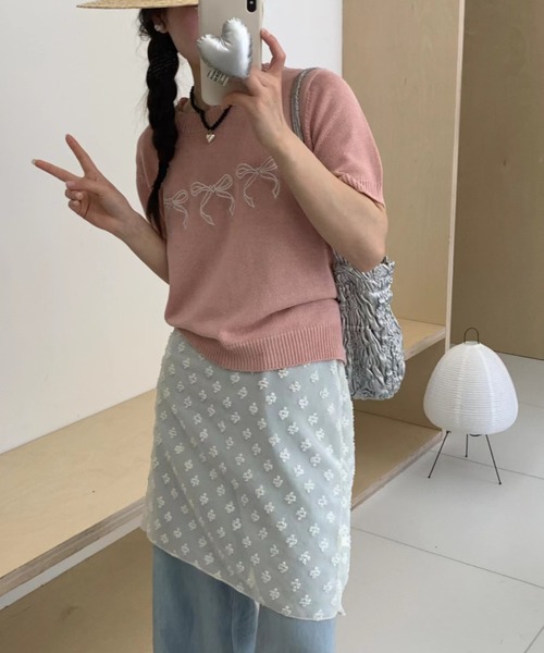 ニット セーター リボンモチーフ半袖サマーニットトップス レディース JAYRO ニット セーター リボン刺繍サマーニット半袖プルオーバー