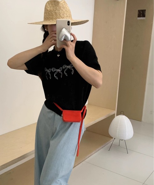 ニット セーター リボンモチーフ半袖サマーニットトップス レディース JAYRO ニット セーター リボン刺繍サマーニット半袖プルオーバー