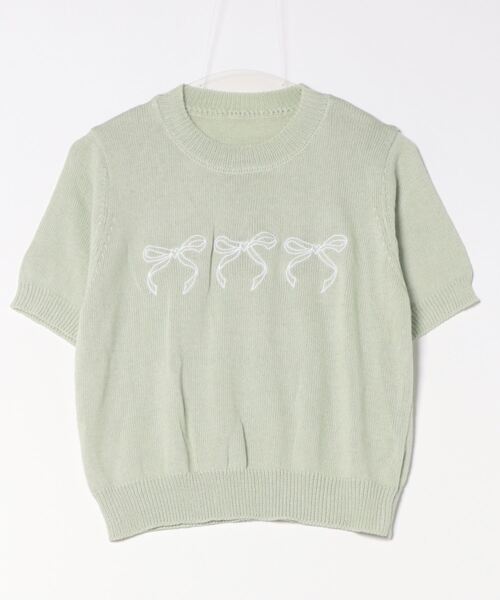 ニット セーター リボンモチーフ半袖サマーニットトップス レディース JAYRO ニット セーター リボン刺繍サマーニット半袖プルオーバー