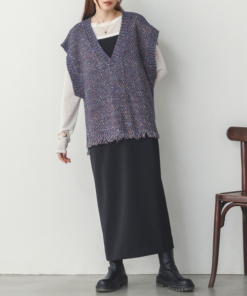 ベスト ジレ ラメ混フリンジニットベスト レディース hunch ベスト ジレ ラメ混フリンジニットベスト レディース
