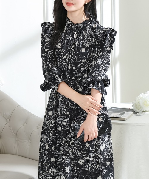 Lace Ladies（レースレディース） ワンピース 花柄 肩フリル スタンド