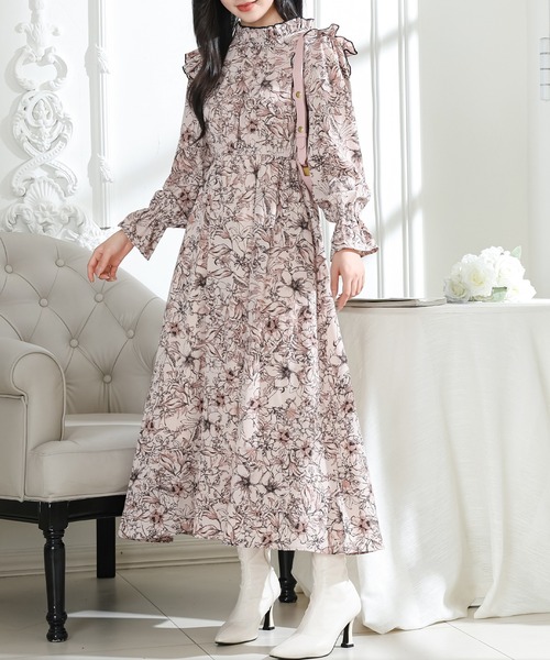 Lace Ladies（レースレディース） ワンピース 花柄 肩フリル スタンド