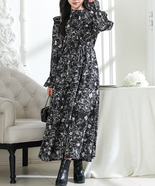 お花レースシャーリングワンピース(年明けまで) Lace Ladies（レースレディース） ワンピース 花柄 肩フリル スタンド