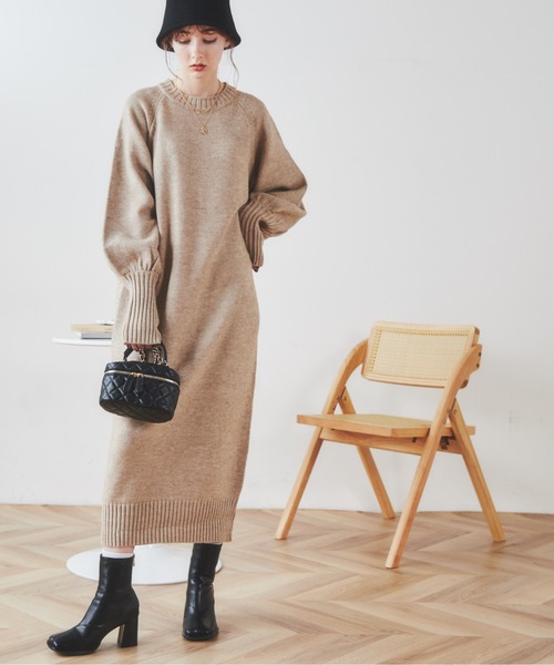 ANGIE ニットワンピース FREE ベージュ レディース : ZOZOTOWN Yahoo