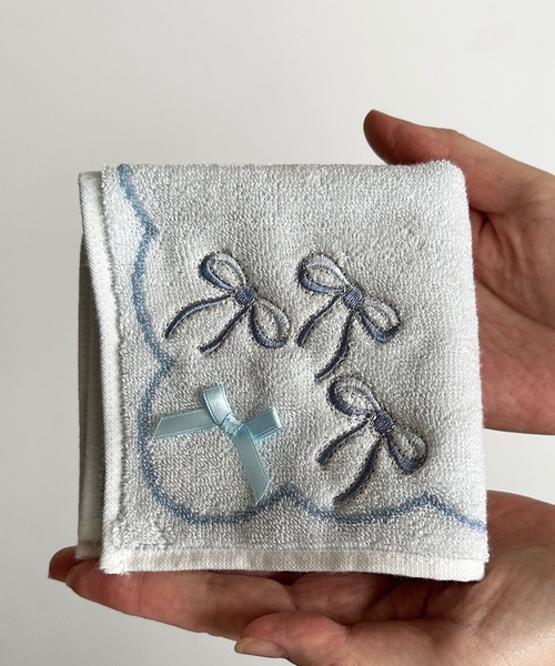 リネン&8重ガーゼ☆刺繍ハンカチ☆リボン nicott（ニコット） ハンカチ NC:リボン刺繍ハンカチ レディース