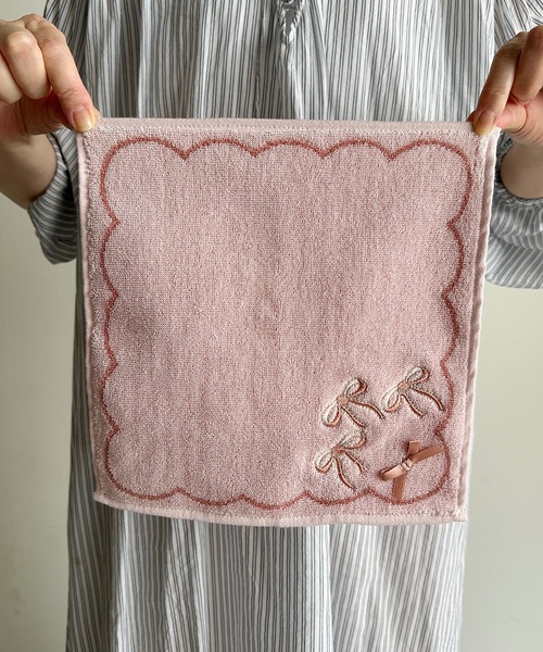 リネン&8重ガーゼ☆刺繍ハンカチ☆リボン nicott（ニコット） ハンカチ NC:リボン刺繍ハンカチ レディース