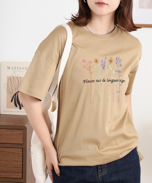 tシャツ BRODIAEA カラフルフラワー刺繍半袖Tシャツ レディース