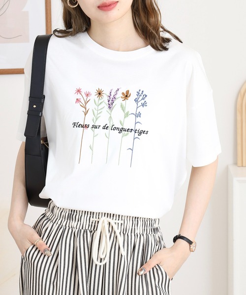 tシャツ BRODIAEA カラフルフラワー刺繍半袖Tシャツ レディース