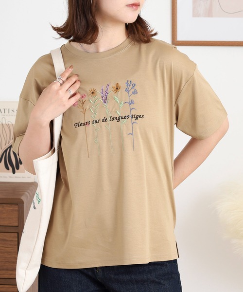 tシャツ BRODIAEA カラフルフラワー刺繍半袖Tシャツ レディース
