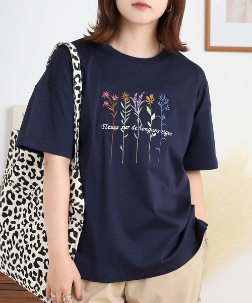 tシャツ 半袖 BRODIAEA カラフルフラワー刺繍半袖Tシャツ レディース