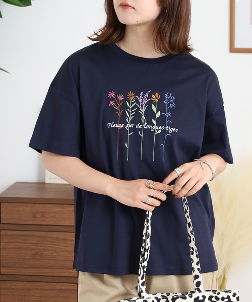 tシャツ BRODIAEA カラフルフラワー刺繍半袖Tシャツ レディース