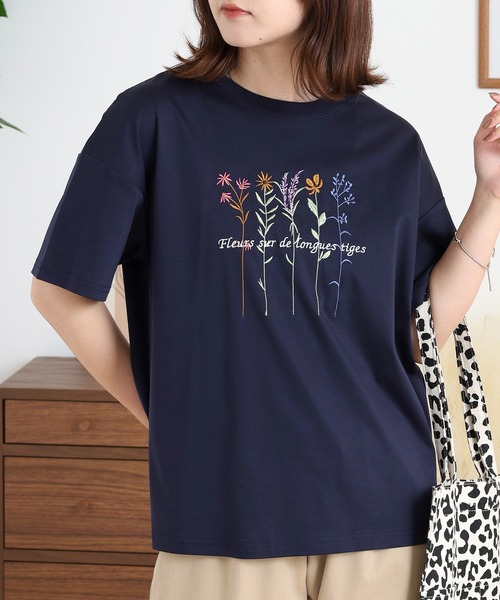 tシャツ BRODIAEA カラフルフラワー刺繍半袖Tシャツ レディース ブローディア BRODIAEA カラフルフラワー刺繍半袖Tシャツ