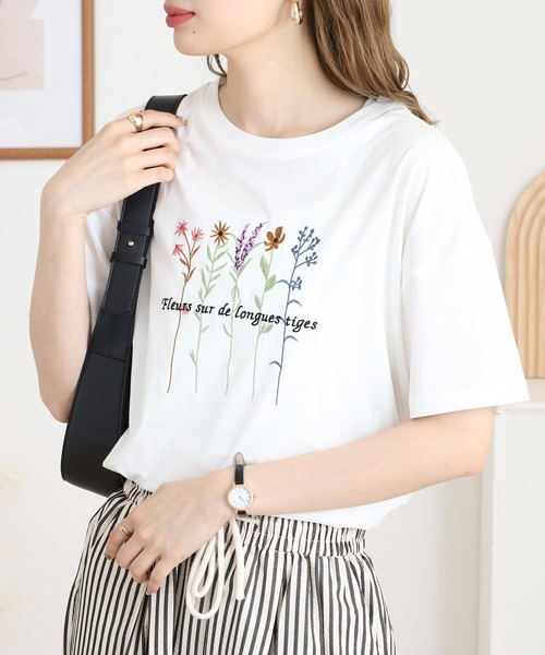 tシャツ BRODIAEA カラフルフラワー刺繍半袖Tシャツ レディース