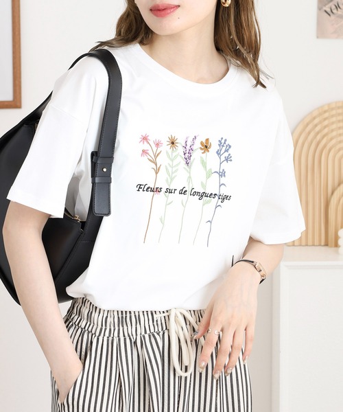 tシャツ BRODIAEA カラフルフラワー刺繍半袖Tシャツ レディース tシャツ BRODIAEA カラフルフラワー刺繍半袖Tシャツ レディース