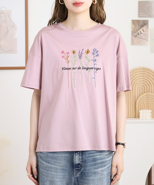 tシャツ 半袖 BRODIAEA カラフルフラワー刺繍半袖Tシャツ レディース