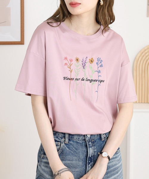tシャツ BRODIAEA カラフルフラワー刺繍半袖Tシャツ レディース