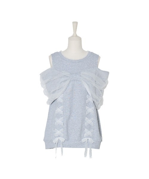 トレーナー スウェット Tulle ribbon shoulder sweat チュニック レディース