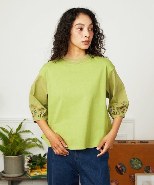 tシャツ フラワー刺繍ドッキングカットソー レディース