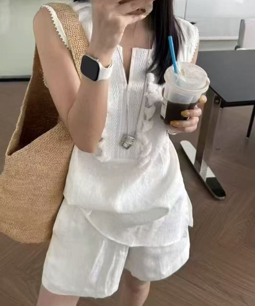 フロントコード刺しゅうブラウス+キュロットセットアップ レディース
