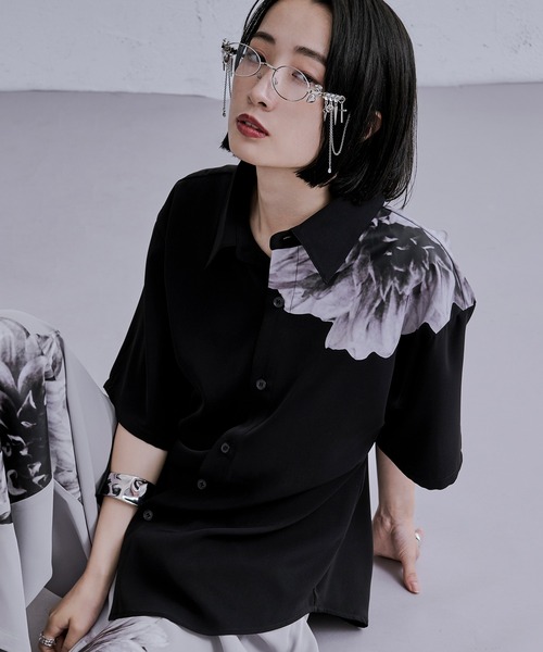 momos様★ JILSANDER 花モチーフ シャツ ブラウス 黒 Fit more（フィットモア） ブラウス シャツ フラワーモチーフロング
