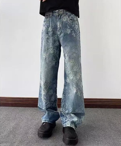 FreeZone ジーンズ フラワー刺繍ワイドデニムパンツ メンズ レディース