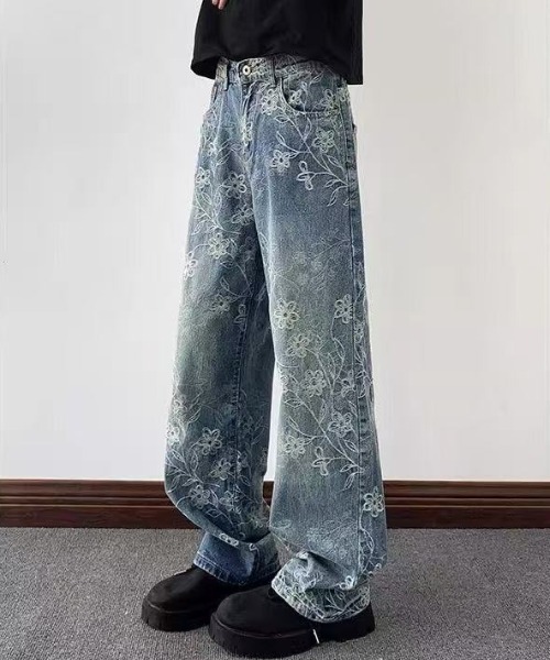 FreeZone ジーンズ フラワー刺繍ワイドデニムパンツ メンズ レディース