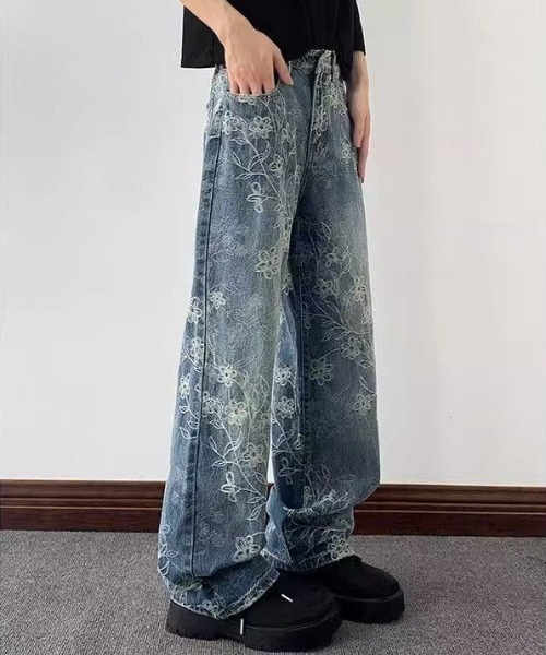 FreeZone ジーンズ フラワー刺繍ワイドデニムパンツ メンズ レディース
