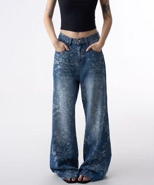 FreeZone ジーンズ フラワー刺繍ワイドデニムパンツ メンズ レディース