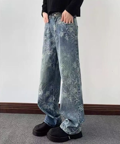 FreeZone ジーンズ フラワー刺繍ワイドデニムパンツ メンズ レディース