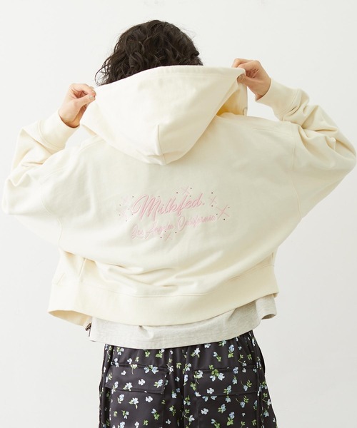 MILKFED.（ミルクフェド） パーカー RHINESTONE LOGO SHORT ZIP UP 