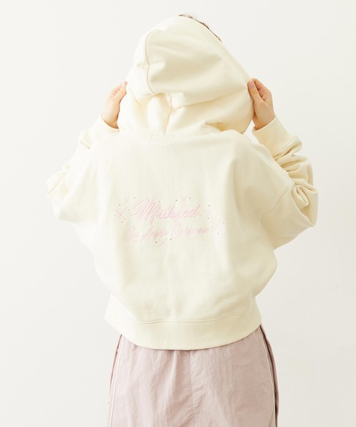MILKFED.（ミルクフェド） パーカー RHINESTONE LOGO SHORT ZIP UP 