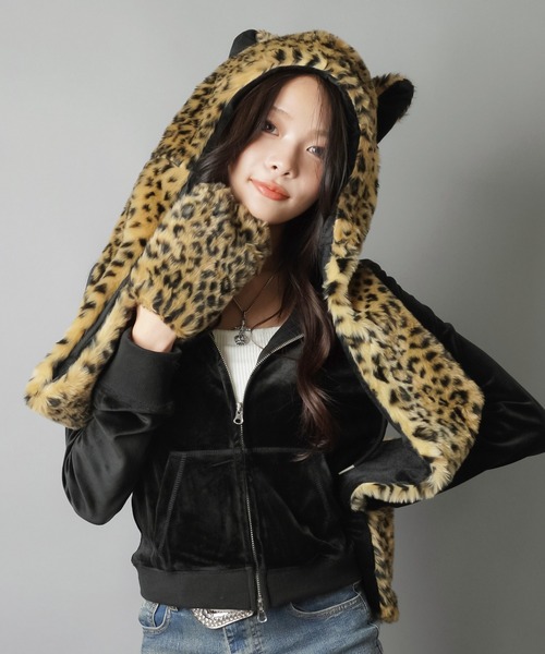 ヒョウ柄 マフラーキャップ SPINNS（スピンズ） キャップ 帽子 マフラーにもなる耳付きフェイク