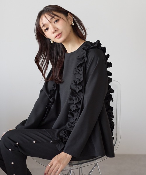 45R 藍ざっくりネルのフリルTシャツ（長袖） 45R 藍ざっくりネルの