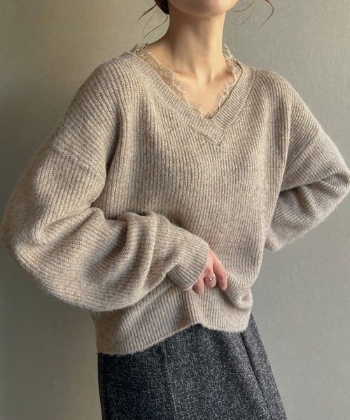 「JUNOAH」 長袖ニット FREE グレイッシュベージュ レディース_画像2