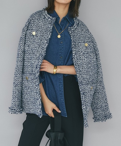 RIVE DROITE(リヴドロワ)　ツイードオーバージャケット　フリンジ RIVE DROITE(リヴドロワ) ツイードオーバージャケット フリンジ 着映え