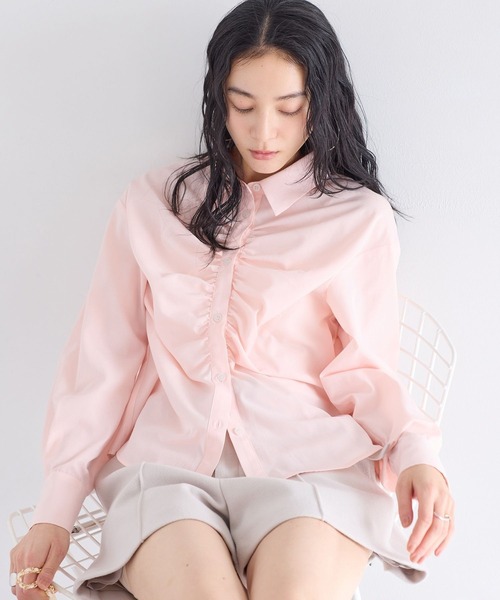 【新品】ピンク フロントギャザー 長袖クロップド　ブラウス VIS（ビス） ブラウス シャツ 入学式 入園式 卒園式 フロントギャザー