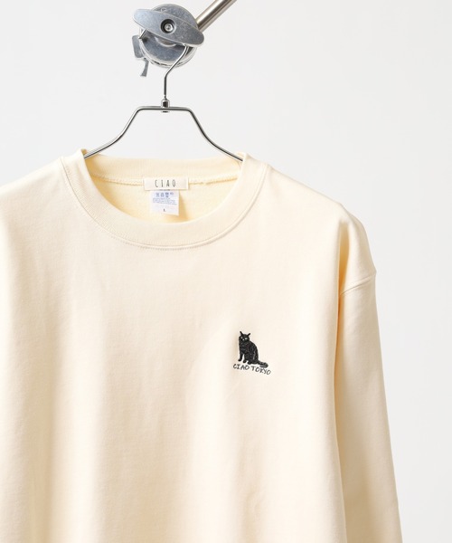 LUOLUOJUANJIE 猫刺繍 クルーネック オーバースウェット トレーナー Riberry（リベリー） トレーナー スウェット ネコ刺繍ラグランオーバー