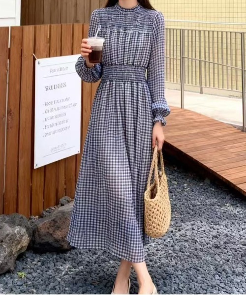 美品　PELLICULE ギンガムチェック ハイネック ロングワンピース　リボン FINEnough ワンピース ハイネックフリルシャーリングギンガムチェック