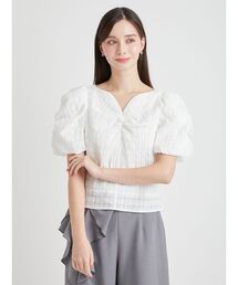[超美品]CELFORD ホワイト パフスリーブ トップス 38 CELFORD（セルフォード） ブラウス シャツ 「洗える」シアーチェック