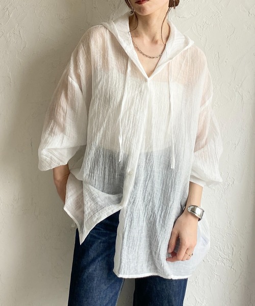 はっぴー※です★フード付きブラウス パーカー She's Closet ブラウス シャツ フード付き 長袖 オーバーサイズ シアー