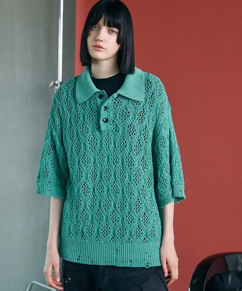 MAISON SPECIAL スラブヤーンメッシュニットポロシャツ　美品 MAISON SPECIAL（メゾンスペシャル） ポロシャツ 半袖 「UNISEX」Sheer