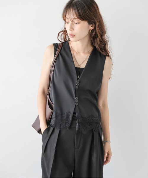 ベスト ジレ 夏 裾レースアシンメトリーボタンベスト レディース