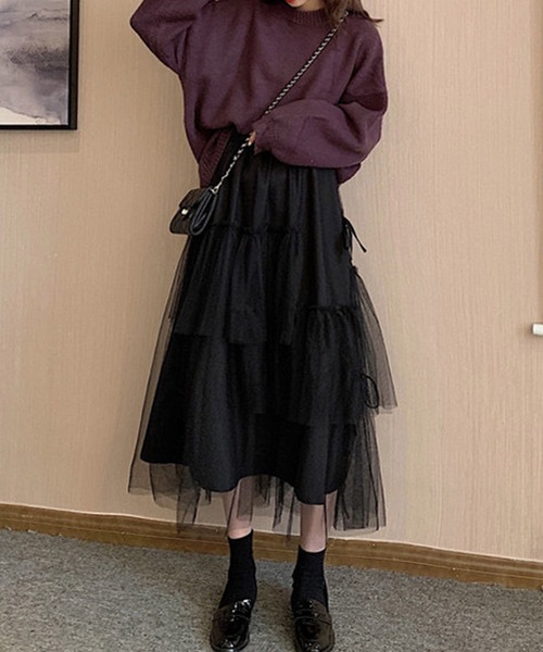 チャコット　ウエストフリルチュールスカート 黒 ＊ ロングスカート　バレエコア shopnikoniko（ショップにこにこ） スカート チュールスカート ロング