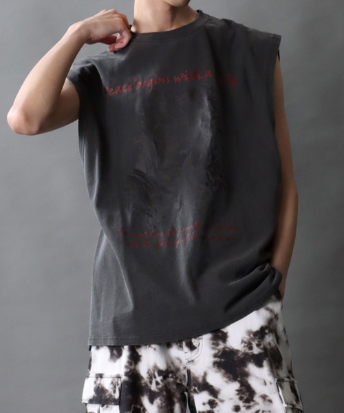 ヴィンテージライクノースリーブシャツ セール】ヴィンテージライク ノースリーブ プリントTシャツ【IR