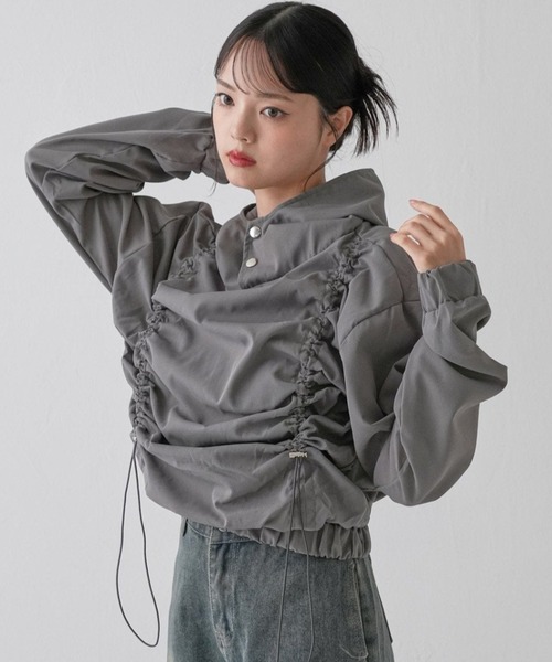 Uenui パーカー ドローストリング ギャザー ナイロンフーディー